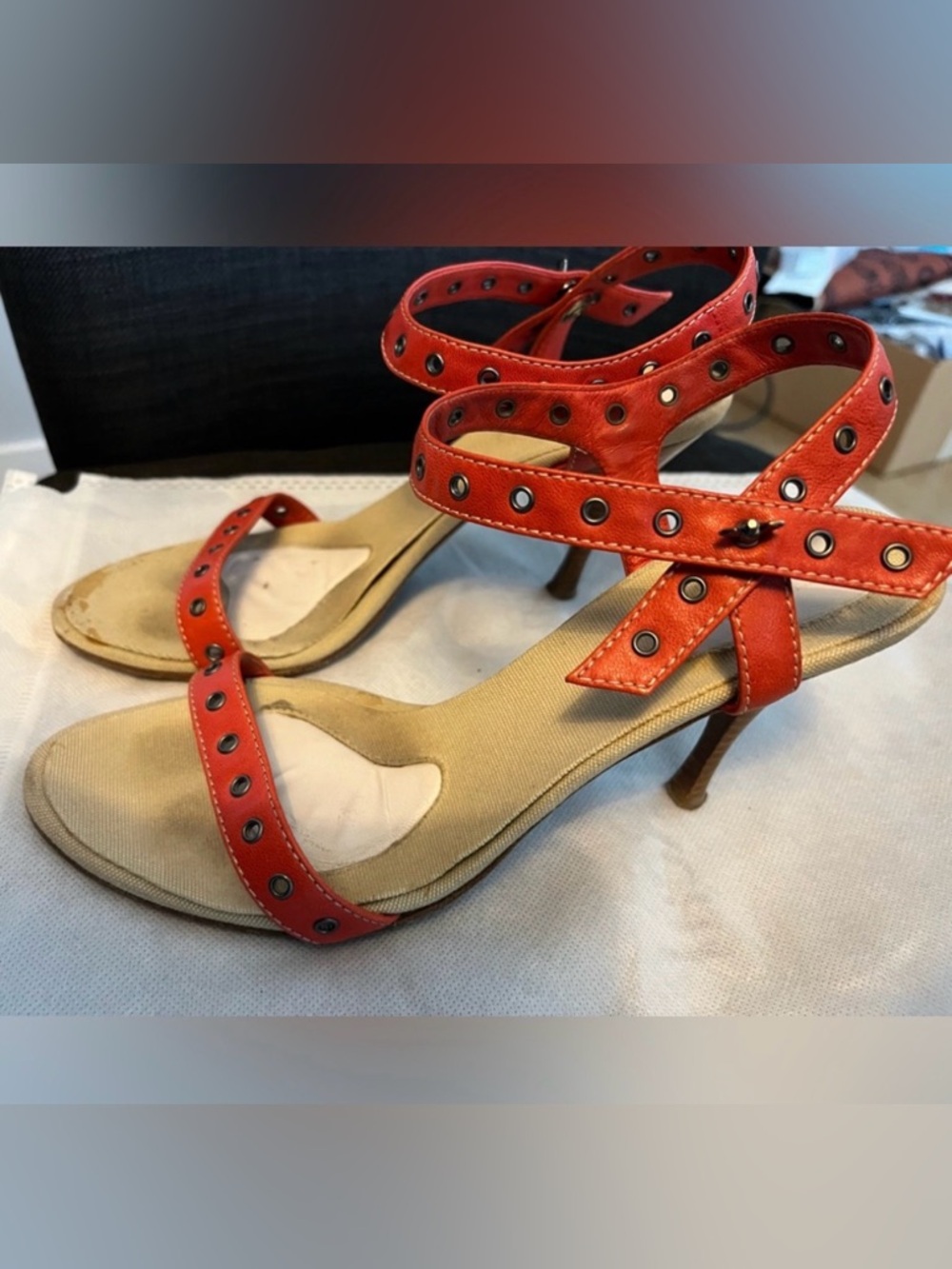 BOTTEGA VENETA Coral/Orange LEATHER ANKLE STRAP HEELED SANDALS 37.5